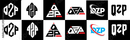QZP letter logo design in six style. QZP polygon, circle, triangle, hexagon, flat and simple style with black and white color variation letter logo set in one artboard. QZP minimalist and classic logo
