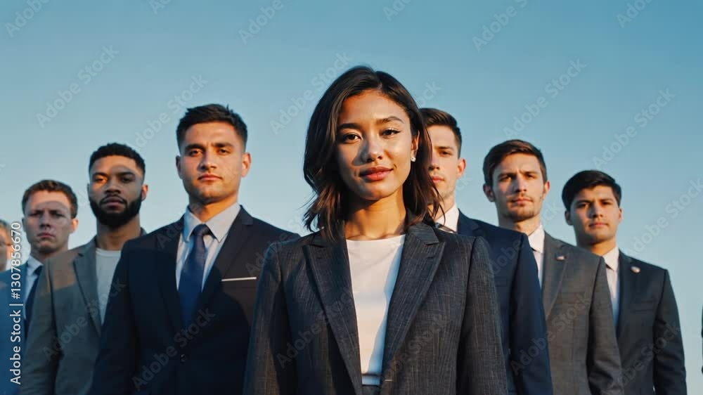 A diverse team of business professionals stands together with a confident woman leading at the front. Concept of empowerment, teamwork, and corporate unity. A diverse team of business professionals stands together with a confident woman leading at the front. Concept of empowerment, teamwork, and corporate unity.
