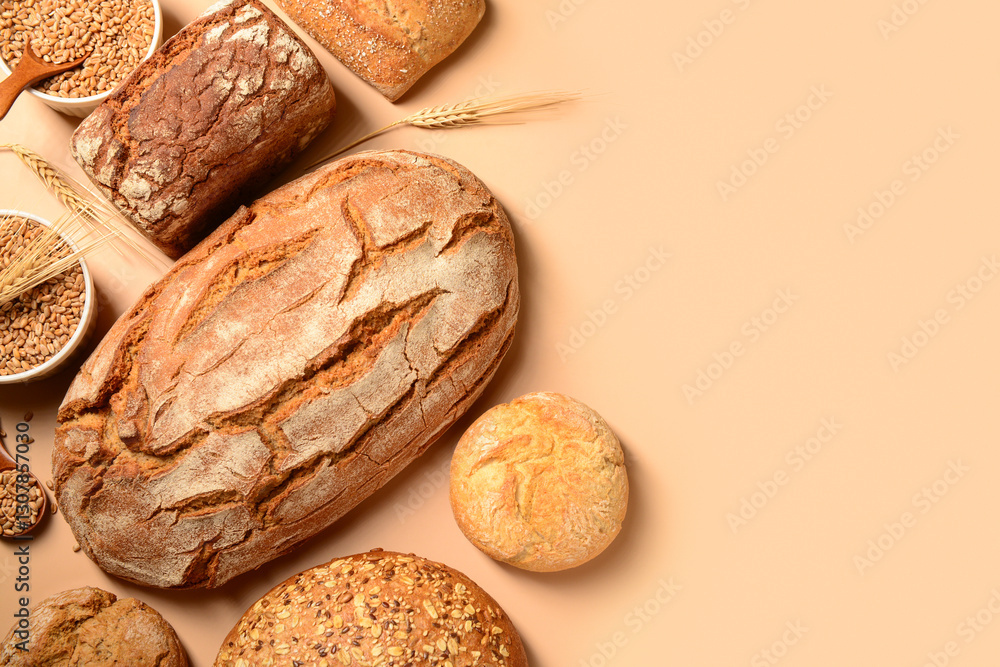 Fototapeta premium Loaves of fresh bread with buns and wheat spikelets on beige background