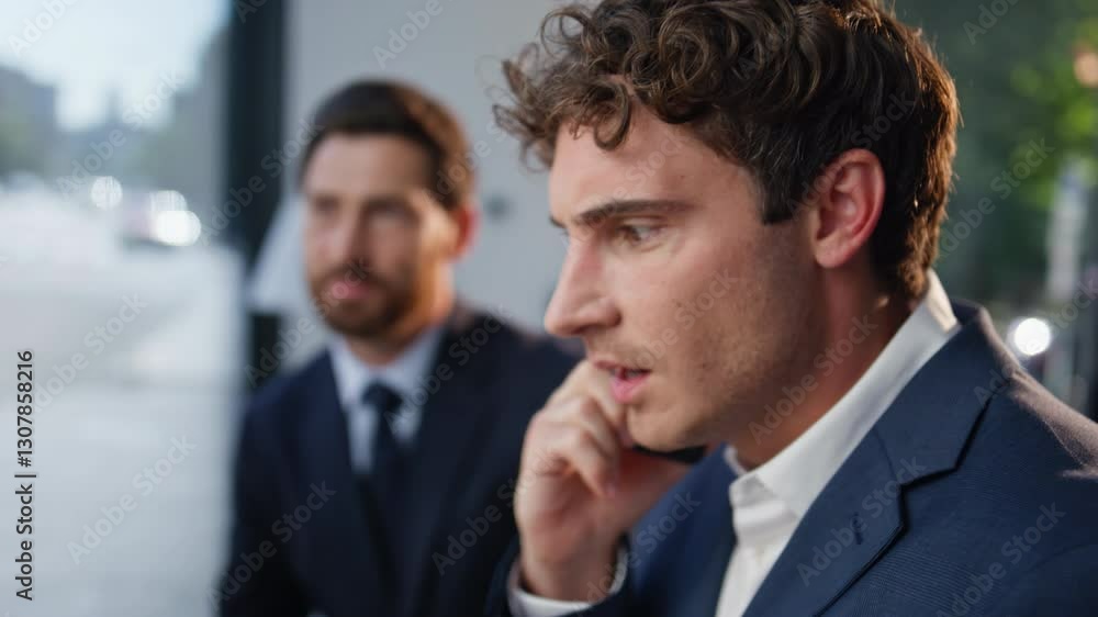 Disappointed businessman hearing bad news by smartphone standing office closeup Disappointed businessman hearing bad news by smartphone standing office closeup