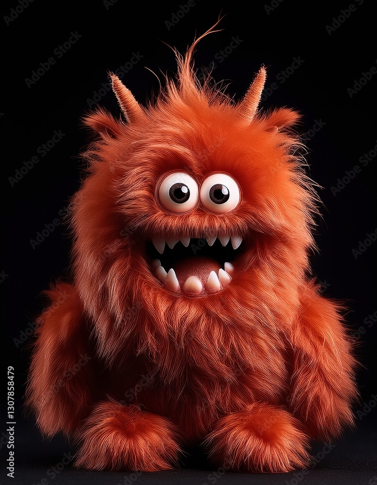 Obraz premium Plush orange monster with large eyes and spiky hair stands against a dark background