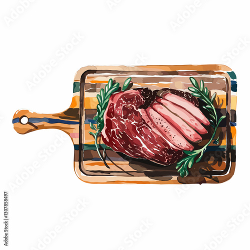 Watercolor Smoked Brisket on Wooden Cutting Board