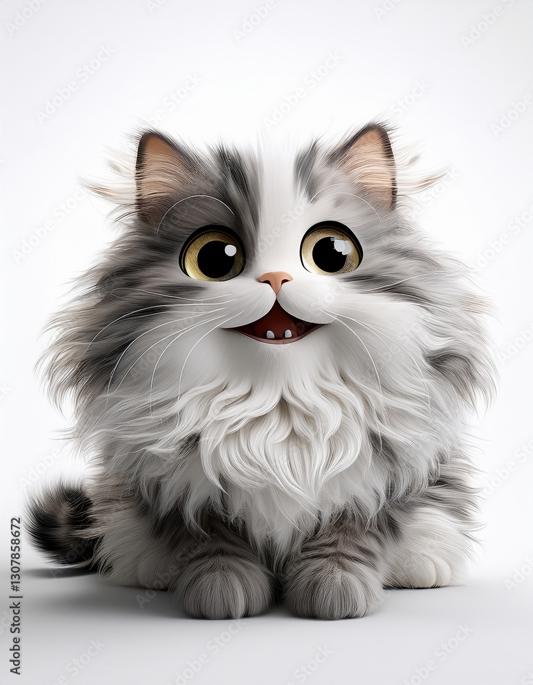 Fototapeta premium Cute fluffy cat with a playful expression sitting on a plain background