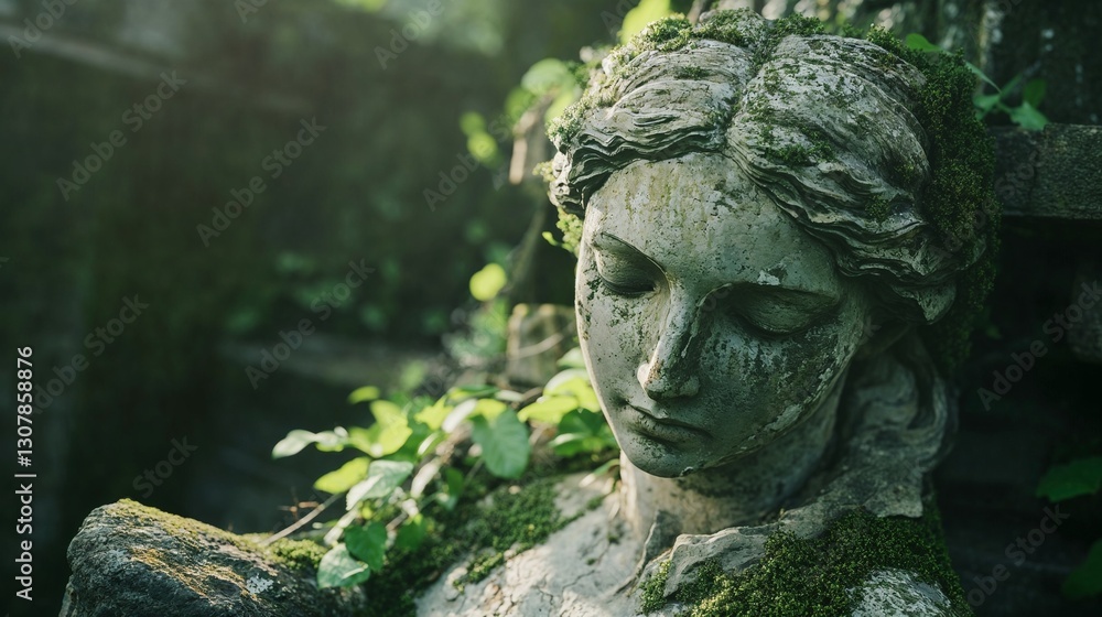 Moss-Covered Stone Statue in Ancient Ruins Moss-Covered Stone Statue in Ancient Ruins