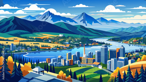 Tableau sur toile View from Knox Mountain of Kelowna cityscape with Okanagan Lake and a blue sky a