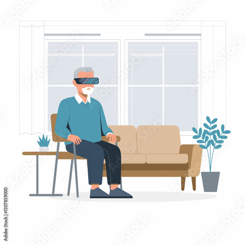 Senior man using VR headset in a Scandinavian-style living room, future of elderly entertainment.