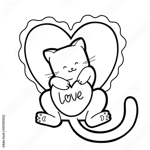 Sweet kitty with hearts. Antistress page. Cozy and funny vector illustration.