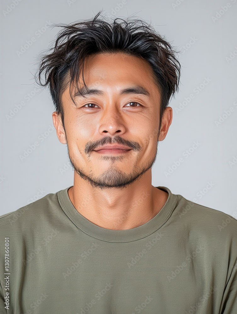 Fototapeta premium A portrait of a smiling man with a beard wearing a green shirt against a plain background.
