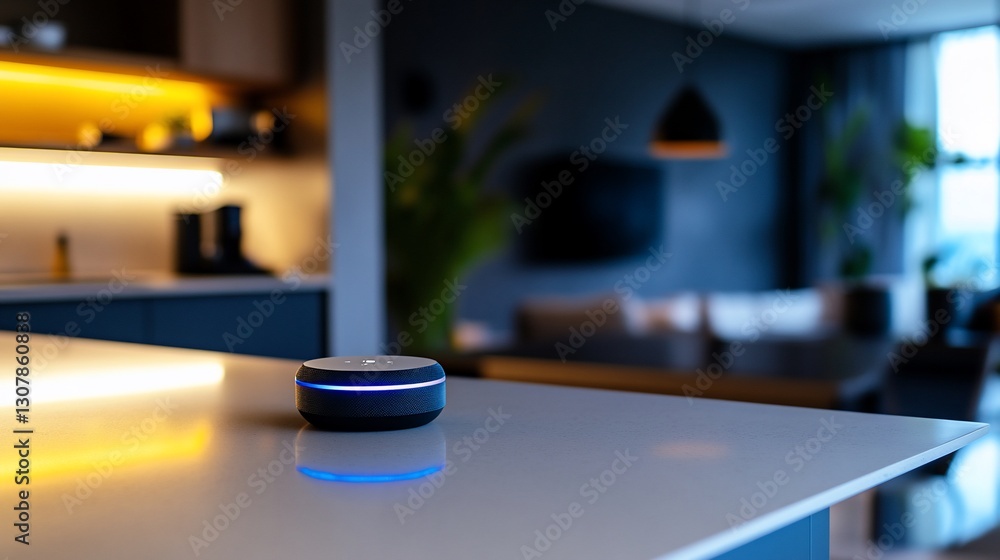 Smart speaker on kitchen counter in modern home Smart speaker on kitchen counter in modern home