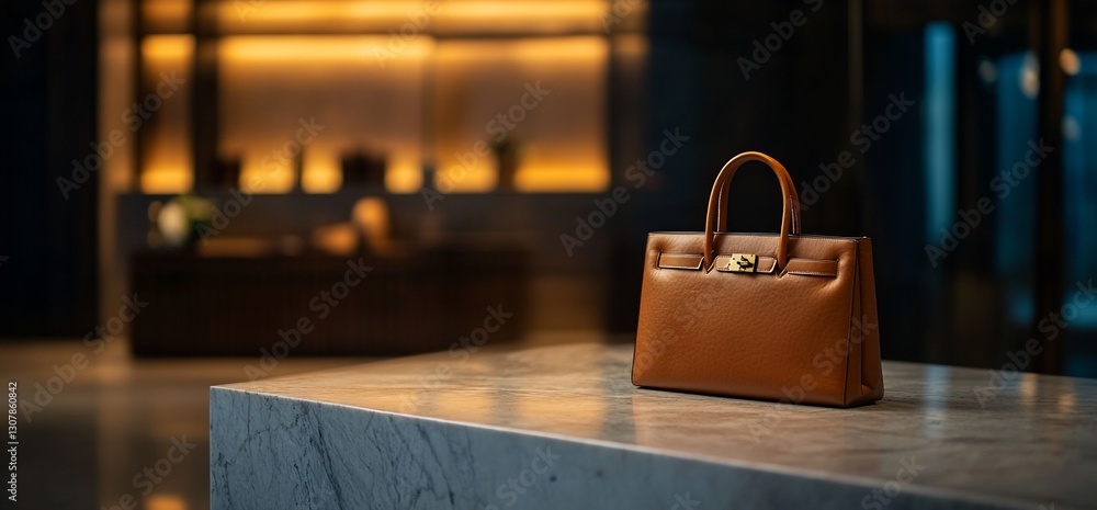 Brown handbag on marble counter in hotel lobby Brown handbag on marble counter in hotel lobby