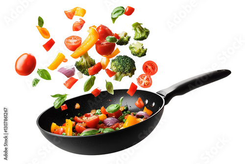 Black frying pan with fresh vegetables flying in the air, isolated on a transparent background. Colorful mix of tomatoes, bell peppers, broccoli, red onions, and basil