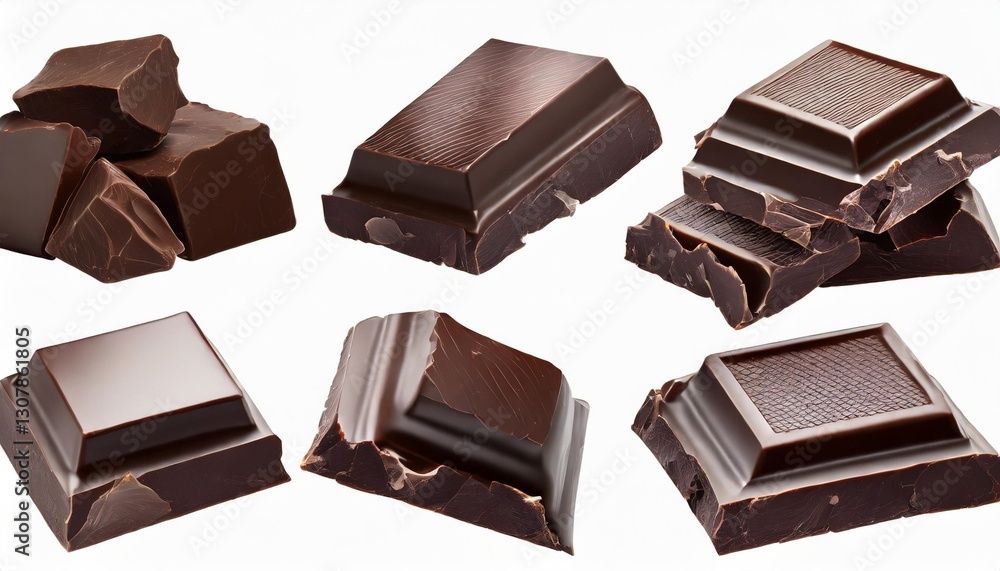 Collection of Dark Chocolate Chunks Perfectly Isolated on a White Background Collection of Dark Chocolate Chunks Perfectly Isolated on a White Background