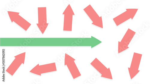 A green arrow moves straight ahead while multiple red arrows point in different directions. Concept of leadership, focus, and overcoming challenges