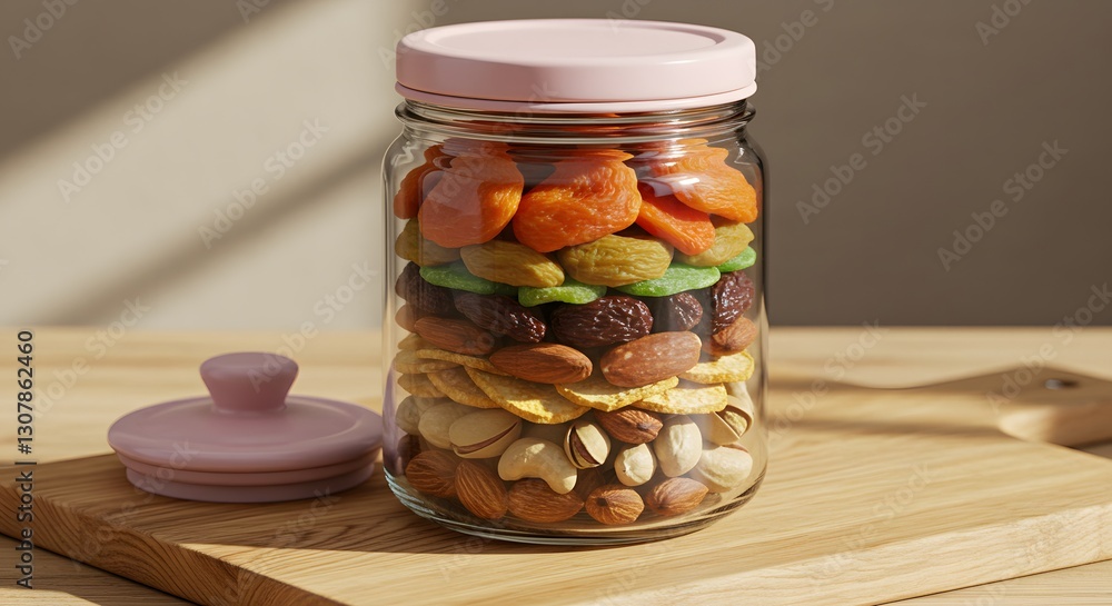Delicious mixed nuts and dried fruits in a glass jar on wooden board eat food life diet snack tasty Delicious mixed nuts and dried fruits in a glass jar on wooden board eat food life diet snack tasty
