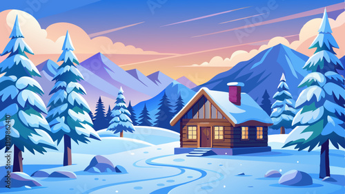 snowy winter landscape with pine trees and a cozy wooden cabin