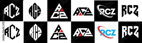 RCZ letter logo design in six style. RCZ polygon, circle, triangle, hexagon, flat and simple style with black and white color variation letter logo set in one artboard. RCZ minimalist and classic logo