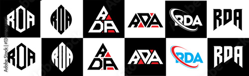 RDA letter logo design in six style. RDA polygon, circle, triangle, hexagon, flat and simple style with black and white color variation letter logo set in one artboard. RDA minimalist and classic logo