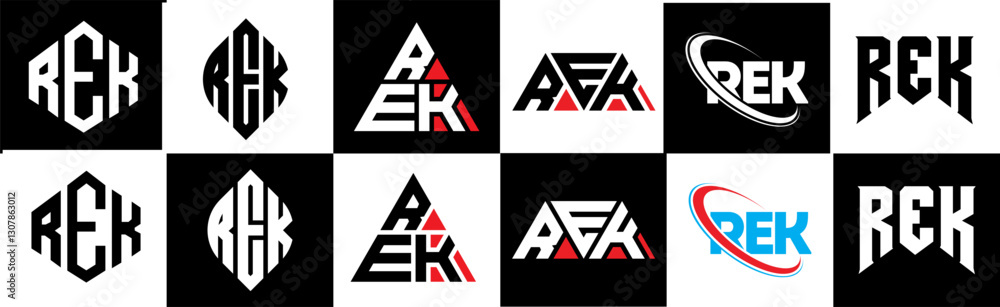 Obraz premium REK letter logo design in six style. REK polygon, circle, triangle, hexagon, flat and simple style with black and white color variation letter logo set in one artboard. REK minimalist and classic logo