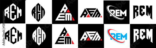 REM letter logo design in six style. REM polygon, circle, triangle, hexagon, flat and simple style with black and white color variation letter logo set in one artboard. REM minimalist and classic logo