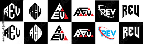 REV letter logo design in six style. REV polygon, circle, triangle, hexagon, flat and simple style with black and white color variation letter logo set in one artboard. REV minimalist and classic logo