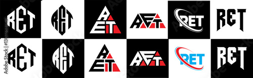 RET letter logo design in six style. RET polygon, circle, triangle, hexagon, flat and simple style with black and white color variation letter logo set in one artboard. RET minimalist and classic logo