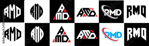 RMD letter logo design in six style. RMD polygon, circle, triangle, hexagon, flat and simple style with black and white color variation letter logo set in one artboard. RMD minimalist and classic logo