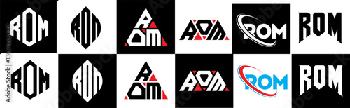 ROM letter logo design in six style. ROM polygon, circle, triangle, hexagon, flat and simple style with black and white color variation letter logo set in one artboard. ROM minimalist and classic logo