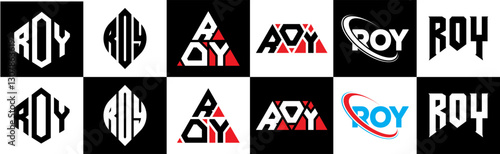 ROY letter logo design in six style. ROY polygon, circle, triangle, hexagon, flat and simple style with black and white color variation letter logo set in one artboard. ROY minimalist and classic logo