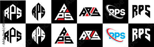 RPS letter logo design in six style. RPS polygon, circle, triangle, hexagon, flat and simple style with black and white color variation letter logo set in one artboard. RPS minimalist and classic logo