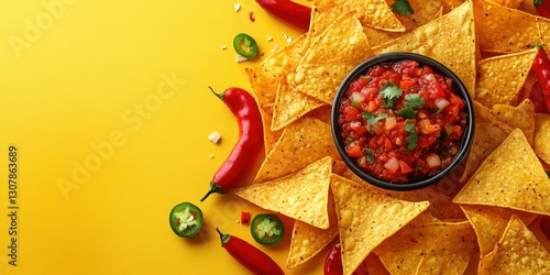 Crunchy tortilla chips surrounded by fresh salsa and vibrant peppers on a yellow backdrop