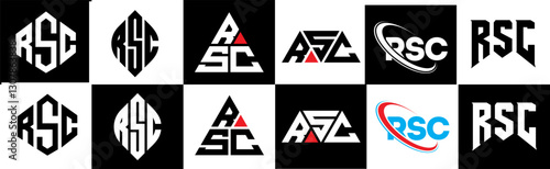 RSC letter logo design in six style. RSC polygon, circle, triangle, hexagon, flat and simple style with black and white color variation letter logo set in one artboard. RSC minimalist and classic logo