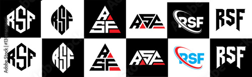 RSF letter logo design in six style. RSF polygon, circle, triangle, hexagon, flat and simple style with black and white color variation letter logo set in one artboard. RSF minimalist and classic logo