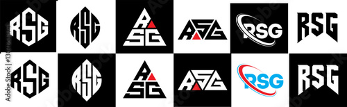 RSG letter logo design in six style. RSG polygon, circle, triangle, hexagon, flat and simple style with black and white color variation letter logo set in one artboard. RSG minimalist and classic logo