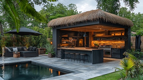 Modern outdoor kitchen by pool, tropical backyard, stylish design, relaxation, entertainment