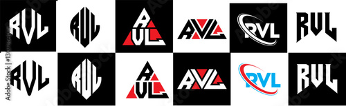 RVL letter logo design in six style. RVL polygon, circle, triangle, hexagon, flat and simple style with black and white color variation letter logo set in one artboard. RVL minimalist and classic logo