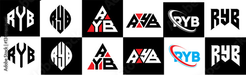 RYB letter logo design in six style. RYB polygon, circle, triangle, hexagon, flat and simple style with black and white color variation letter logo set in one artboard. RYB minimalist and classic logo