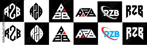 RZB letter logo design in six style. RZB polygon, circle, triangle, hexagon, flat and simple style with black and white color variation letter logo set in one artboard. RZB minimalist and classic logo