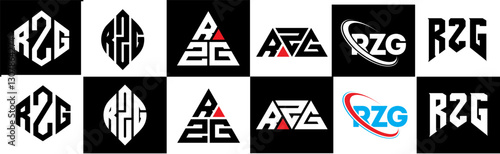 RZG letter logo design in six style. RZG polygon, circle, triangle, hexagon, flat and simple style with black and white color variation letter logo set in one artboard. RZG minimalist and classic logo