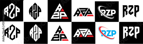 RZP letter logo design in six style. RZP polygon, circle, triangle, hexagon, flat and simple style with black and white color variation letter logo set in one artboard. RZP minimalist and classic logo