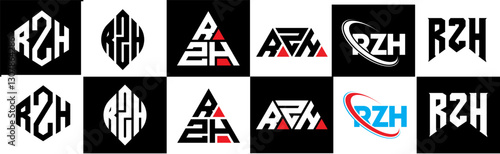 RZH letter logo design in six style. RZH polygon, circle, triangle, hexagon, flat and simple style with black and white color variation letter logo set in one artboard. RZH minimalist and classic logo