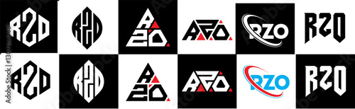 RZO letter logo design in six style. RZO polygon, circle, triangle, hexagon, flat and simple style with black and white color variation letter logo set in one artboard. RZO minimalist and classic logo