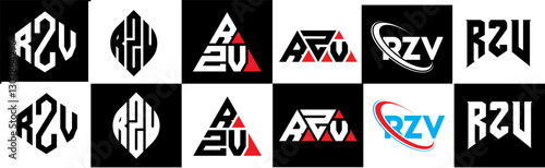 RZV letter logo design in six style. RZV polygon, circle, triangle, hexagon, flat and simple style with black and white color variation letter logo set in one artboard. RZV minimalist and classic logo