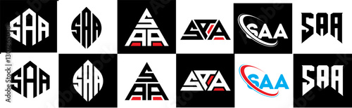 SAA letter logo design in six style. SAA polygon, circle, triangle, hexagon, flat and simple style with black and white color variation letter logo set in one artboard. SAA minimalist and classic logo