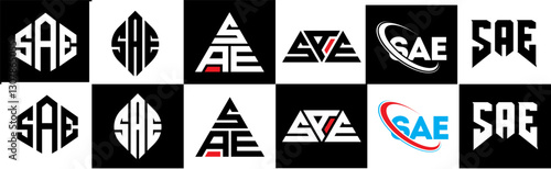 SAE letter logo design in six style. SAE polygon, circle, triangle, hexagon, flat and simple style with black and white color variation letter logo set in one artboard. SAE minimalist and classic logo
