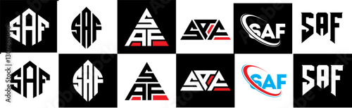 SAF letter logo design in six style. SAF polygon, circle, triangle, hexagon, flat and simple style with black and white color variation letter logo set in one artboard. SAF minimalist and classic logo