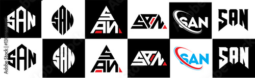 SAN letter logo design in six style. SAN polygon, circle, triangle, hexagon, flat and simple style with black and white color variation letter logo set in one artboard. SAN minimalist and classic logo