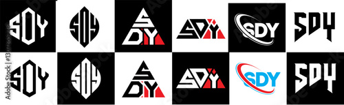 SDY letter logo design in six style. SDY polygon, circle, triangle, hexagon, flat and simple style with black and white color variation letter logo set in one artboard. SDY minimalist and classic logo