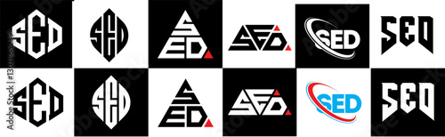 SED letter logo design in six style. SED polygon, circle, triangle, hexagon, flat and simple style with black and white color variation letter logo set in one artboard. SED minimalist and classic logo