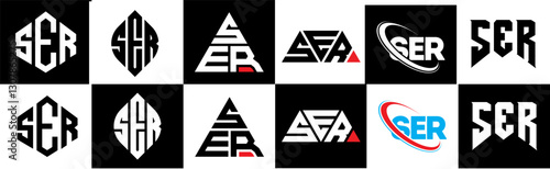 SER letter logo design in six style. SER polygon, circle, triangle, hexagon, flat and simple style with black and white color variation letter logo set in one artboard. SER minimalist and classic logo