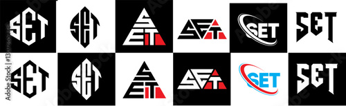 SET letter logo design in six style. SET polygon, circle, triangle, hexagon, flat and simple style with black and white color variation letter logo set in one artboard. SET minimalist and classic logo